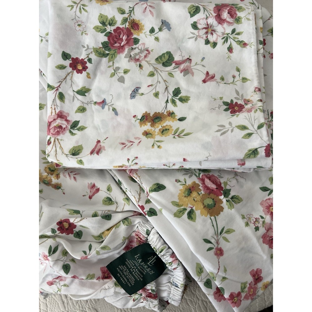 Vintage Ralph Lauren Home White Floral Queen Sheet Set 4 Pieces Water Cotton